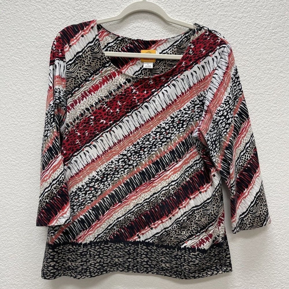 Ruby Rd Womens Large Shirt Top 3/4 Sleeve Embellished Neck Sequins Animal Print